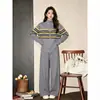 Cardigan de Tricô Color Block Listrado com Zíper Duplo Estilo Preguiçoso Solto Conjunto de Duas Peças Calças Wide Leg