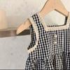 Vestido Xadrez Infantil de Verão 2024 Novo Estilo Estiloso Vestido Infantil sem Mangas Saia Val Saia Fina