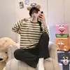 Pijama Nuevo de Manga Larga para Mujer Otoño 2026, Tela Elástica a Rayas, Similar al Algodón, Conjunto de Ropa de Casa Dulce de Niña con Cuello Redondo, Estilo Delgado