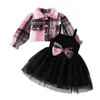 Set de Tres Piezas Popular Transfronterizo para Bebé de Primavera y Otoño de Amazon, Chaqueta a Cuadros de Manga Abullonada, Falda de Gasa con Tirantes y Lazo, Diadema