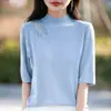 2026 Nuevo Estilo de Verano para Mujer, Top de Punto con Cuello Semi Alto Bordado de Hojas, Manga Media, Corte Entallado, Elegante y Versátil