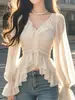 Moda Femenina Primavera/Verano 2026 Camisa Adelgazante de Manga Larga con Volantes, Top Elegante, Nueva Blusa Chic que Ceñe la Cintura