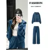 Conjunto de sudadera con capucha deportiva casual azul y pantalón para mujer, nuevo atuendo estilo coreano de otoño 2026
