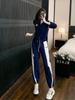Conjunto casual popular de este año, nuevo cárdigan con cremallera estampado azul de otoño, traje de suéter que reduce la edad para mujer