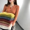 Suéter de Tricô Colorido de 2026 com Gola V de Botão Único Manga Longa Slim-Fit Pulôver Camisa Básica Tendência