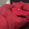 Conjunto de Quatro Peças em Jacquard Embossado de Cor Sólida 100% Algodão Vermelho Escuro para Quarto de Casamento, Lençol de Cama e Capa de Edredom, Modelo de Luxo para Todas as Estações
