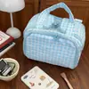 Bolsa de Tocador Abierta de Cuadros Azules Casual Gran Capacidad Compartimento Tridimensional Bolsa de Cosméticos Portátil para Viaje Bolsas de Cosméticos