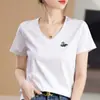 Top de Algodón y Seda para Mujer, Manga Corta, Ajustado, Color Sólido, Bordado de Cisne en V, para el Trabajo, Nuevo Primavera/Verano, Todo Algodón