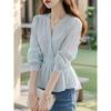Nova Blusa de Início de Primavera Feminina Francesa de Alto Padrão Levemente Luxuosa Camisa 2025 Primavera e Outono Blusa Pequena de Chiffon Azul Camisa