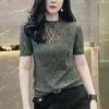 Camiseta ajustada de jacquard oscuro de estilo occidental transfronterizo para mujer, camisa de manga corta fina de estilo coreano para ir al trabajo