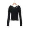 Pura y seductora, camiseta sexy de malla de encaje con manga larga, nueva moda de otoño, corte ajustado, color liso, top tipo jersey, prenda de abrigo