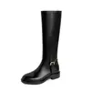 Belleza de Piernas Largas~ Botas de Montar de Cuero con Hebilla Piel de Vaca Completa Invierno 2026 Gruesas de Tacón Medio Punta Redonda Botas Altas de Piel Genuina para Mujer