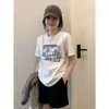 Camiseta de Algodón Puro con Estampado de Dibujos Animados de Línea Azul Simple para Mujer, Top de Verano con Cuello Redondo Estilo Commuter, Ropa Interior Casual, Mangas Cortas Versátiles