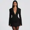 Ropa de Mujer Estilo Europeo y Americano Transfronteriza Otoño e Invierno 2025 Nuevo Color Puro Moda Cuello Solapa Profundo en V Cintura Plisada Vestido Traje