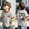 Camiseta de Verano Nueva de Algodón Puro para Niños, Rayas, Manga Corta, Cuello Redondo, Estilo Coreano, Holgada, Casual, Elegante, Versátil, Top Estampado