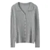 Cárdigan de cachemira con cuello polo 2026 Otoño/Invierno Nueva camiseta base acanalada para mujer Elegante abrigo ajustado adelgazante
