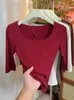 Camiseta Morada de Canalé Elástico Cuadrado de Manga Corta para Mujer, Estilo Principios de Otoño 2026, Corte Holgado, Adelgazante, Versátil, Top Elegante