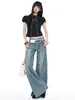 Coleção de Verão 2026 & Estilo Retrô Americano|Design Desconstruído|Jeans Largo Flare Desconstruído para Mulheres