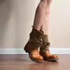 Botines de tobillo de encaje con cordones, estilo retro patchwork, cómodos, de tacón bajo para mujer, 2026, con lazo, punta redonda y efecto adelgazante, en estilo de bota vaquera occidental
