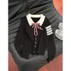 Suéter de punto trenzado para mujer con cuello de lazo estilo universitario, nuevo diseño moderno que rejuvenece con bordado de cachorro, versátil top de manga larga