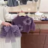 ¡NingliOriginal! Conjunto de Otoño e Invierno para Niña: Suéter Floral Dulce Morado, Falda Tutú de Pastel de Princesa
