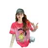Playera Oversize de Algodón Puro con Graffiti de Dibujos Animados para Mujer, Personalizada, de Color Contrastante, Versión Grande Deslavada, Holgada, Casual, Cubre Vientre