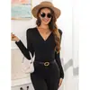 Moda feminina europeia e americana 2025 marca independente primavera e outono nova camiseta elegante de manga longa com decote V, top cruzado de cor sólida slim fit