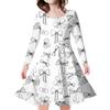 Vestido casual feminino com estampa digital 3D de comércio exterior, manga longa, gola redonda, preto e branco, desenho de linha simples