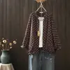 Camisa Feminina de Algodão de Camada Dupla de Primavera 2025 Manga Longa Decote V Pequeno Estampa de Bolinhas Casaco com Cordão Fino Feminino Camisa Pequena