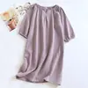 Nueva Bata de Noche de Algodón Puro de Manga Media para Mujer, Pijama de Gasa de Doble Capa para Primavera y Otoño, Color Sólido de Algodón Puro con Cuello en V, Talla Grande de Corte Holgado