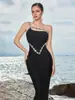 Vestido de Festa de Estilo Novo Europeu e Americano Cross-Border Celebridade Luxo Leve Vestido Longo com Pedrarias Strass Alça Ajustável Bodycon Slim Fit para Mulheres