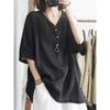Camisa de Lino Puro Cuello en V Talla Grande Holgada Casual Manga Corta Top de Verano para Mujeres Personas con Sobrepeso Estilo Coreano