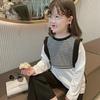 Camiseta Infantil com Listras, Falsa Peça Dupla, Top Estilo Fresco, Peça de Sobrepor, Nova Moda Primavera e Outono, Roupas Infantis de Comércio Exterior, Atacado para Idades 3-8