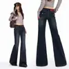 Foto real calça jeans feminina boca de sino 2026 outono novo estilo emagrecedora justa cintura alta super bonita calça flare petite