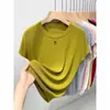 Camiseta de Manga Corta para Mujer, Nuevo Estilo Tejido de Seda de Hielo, Estilo Delgado de Verano, Corte Holgado, Adelgazante, Top Básico de Cuello Redondo