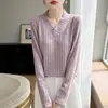 Suéter de Tricô com Gola V Mesclado de Manga Longa para Mulheres Outono/Inverno 2026 Novo Estilo Pulôver Ribatado Solto Versátil Camisa de Base