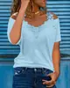 Amazon Aliexpress Encaje Europeo y Americano Cuello en V Jersey Manga Corta Tops para Mujer Color Puro Camisetas Casuales