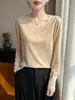 Nueva Camiseta de Manga Larga con Cuello en V para Mujer, Top Delgado, Sencillo y Versátil, Color Sólido, Holgado, Camiseta Básica de Punto Sencilla