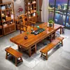 Juego de Mesa de Té Grande y Sillas de Madera Maciza, Una Mesa y Cinco Sillas, Madera Natural, Estilo Chino Nuevo, Mesa de Té para el Hogar, Estación de Preparación de Té para Oficina, Todo en Uno