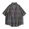 Camisa de cuadros de manga corta para hombre, nueva tendencia verano 2024, holgada, talla grande, manga de tres cuartos, camisa casual 69