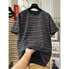Camiseta Holgada Casual de Manga Corta a Rayas Bloque de Color Diseño de Nicho Estilo Coreano Talla Grande para Mujer 150kg