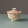 Tazón de té de cerámica con pétalos de loto pintados a mano Miyan, juego de té de viaje, bolsa de almacenamiento portátil, juego de té para una persona