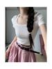 Camiseta de manga corta con cuello redondo, elástica, de ala ancha y color liso, para mujer, verano 2023