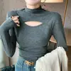 H563 Cuello semialto Huecos Patchwork Corte Estilo Nuevo Otoño/Invierno Diseño Sutil Top Base para Mujer Diseño Chica Picante Manga Larga Mujer