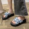 Chinelos para Mulheres Usar Fora no Verão Novo Estilo 2025 Sandálias Jeans Xadrez Plataforma de Bico Redondo Moda Tendência