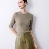 Suéter cor sólida sem costura outono precoce fino malha manga cinco quartos top malha feminina manga média camiseta slim fit camisa base atacado