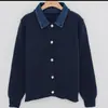 Cardigã de tricô com gola jeans em retalhos, blusa feminina de lapela de manga longa, estilo duas peças falsas, solta, casual, versátil, casaco suéter