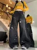 Jeans feminino retro americano com estampa de estrelas e barra curva, design de rua de verão, calça longa larga e solta com caimento.