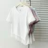 Top Camiseta de Manga Corta con Cuello en V y Adorno de Encaje Inclinado 0198