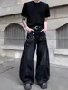 Pantalones vaqueros de pierna ancha, rectos y holgados para hombre, con estampado de rayo retro americano, de longitud hasta el suelo, hechos de algodón lavado.
